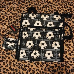 Soccer bag with soccer balls all over/ coin purse